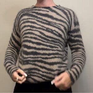 Magaschoni Gray and Cream Crew Neck Sweater with Bold Stripes